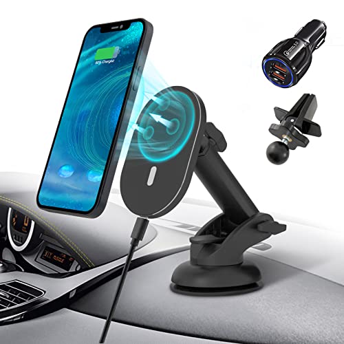 Magnetic Wireless Car Charger for iPhone 13/13 Pro/13 mini/12/12 Pro/12 Pro Max/12 Mini,15W Fast Wireless Charging Car Mount,Windshield Dashboard Air Vent Car Phone Holder Charger (Black)