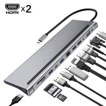 Bakeey 12 In 1 Triple Display USB Type-C Hub Docking Station Adapter With Dual 4K HDMI Display / 1080P VGA / 87W USB-C PD3.0 Power Delivery / USB-C Data Transfer Port / RJ45 Network Port / 3.5mm Audio Jack / 3 * USB 3.0 / Memory Card Readers