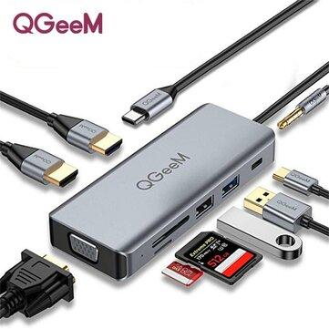 QGeeM 9 In 1 Triple Display USB-C Hub Docking Station Adapter With Dual 4K HDMI HD Display / 1080P VGA / 87W USB-C PD3.0 Power Delivery / USB 3.0 / USB 2.0 / 3.5mm Audio Jack / Memory Card