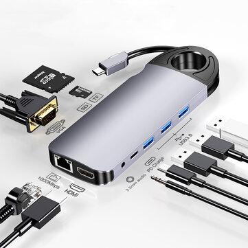 HOWEI 10 In 1 USB-C Hub Docking Station Adapter With 3 * USB 3.0 / 60W Type-C PD / 4K HD Display Video Output / 1080P VGA / RJ45 Network Port / 3.5mm Audio Jack / Memory Card Readers