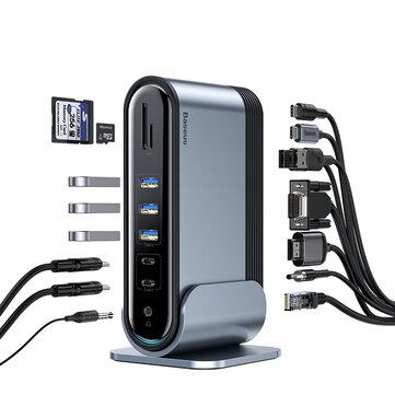 Baseus 16 In 1 USB-C Hub Docking Station Adapter with 3 * USB 3.0/2 * USB 2.0/100W Type-C PD/2 * Type-C/4K HD DisplayPort/VGA/RJ45 Internet Port/3.5mm Audio Jack/DC 12V/Memory Card Readers