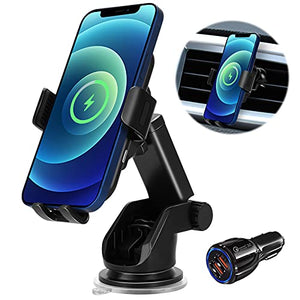 Wireless Car Charger 15W Charging Auto-Clamping Car Mount Dashboard Windshield Air Vent Phone Holder for iPhone 13 Series/12 Series/11/Pro Max,Samsung S10/S9/S8/S20 + USB Car Charger Adapter QC 3.0