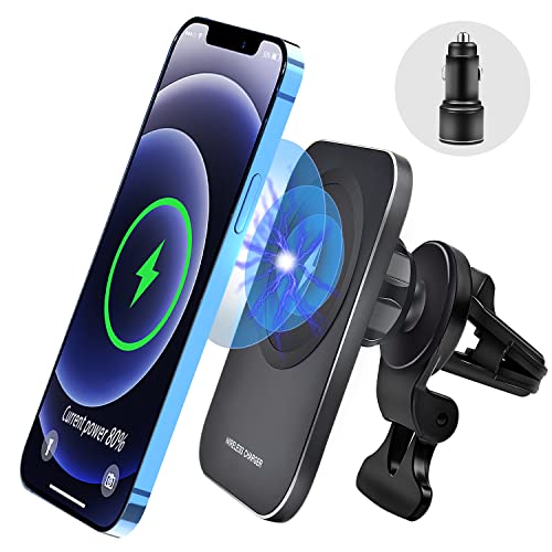 VSTM Magnetic Wireless Car Charger Mount, 15W Fast Charging 360° Adjustable Dashboard Air Vent Cell Phone Holder Compatible with iPhone 13/12 Pro Max Mini Series & Mag-Safe Case (with QC 3.0 Adapter)