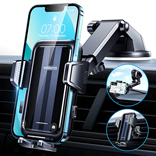 VANMASS Car Phone Holder Mount [Big Phone Never Drop] Phone Holder for Car Heatproof Suction Cup, Hands-Free Windshield Air Vent Dashboard Phone Holder Stand Compatible with All iPhone Samsung, Black