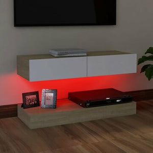 TV Cabinet with LED Lights White and Sonoma Oak 35.4